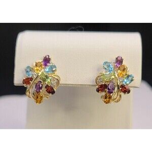 14K Gold Topaz Peridot Garnet Amethyst Citrine Diamond Earrings